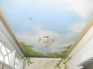 Невероятный дизайн натяжного потолка на балконе